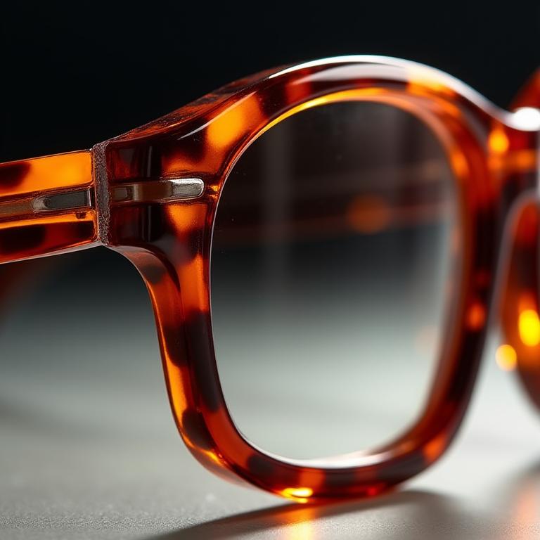 Primer plano de una montura de gafas de acetato italiano con vetas de colores.