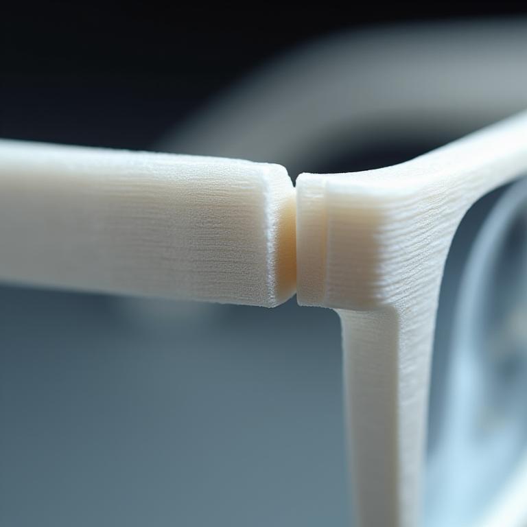 Detalle de la bisagra y textura de una montura fabricada con impresión 3D.