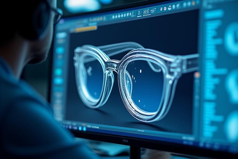Pantalla de software mostrando un diseño 3D de una montura de gafas.