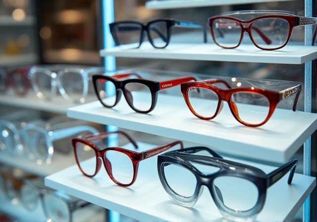 Expositor con una variedad de monturas de gafas de diseño.